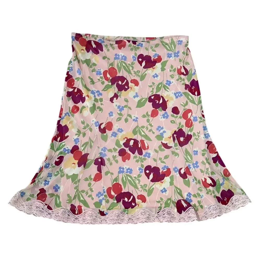 Womens Size S Vintage Y2K 90s Express Above the Knee Pink Floral Lace Trim Skirt